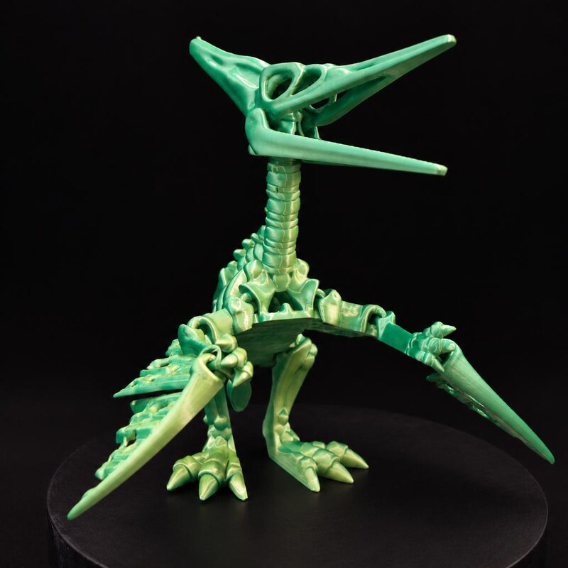 Articulated Pteranodon Skeleton in Green and Gold Silk, with open beak and poseable wings