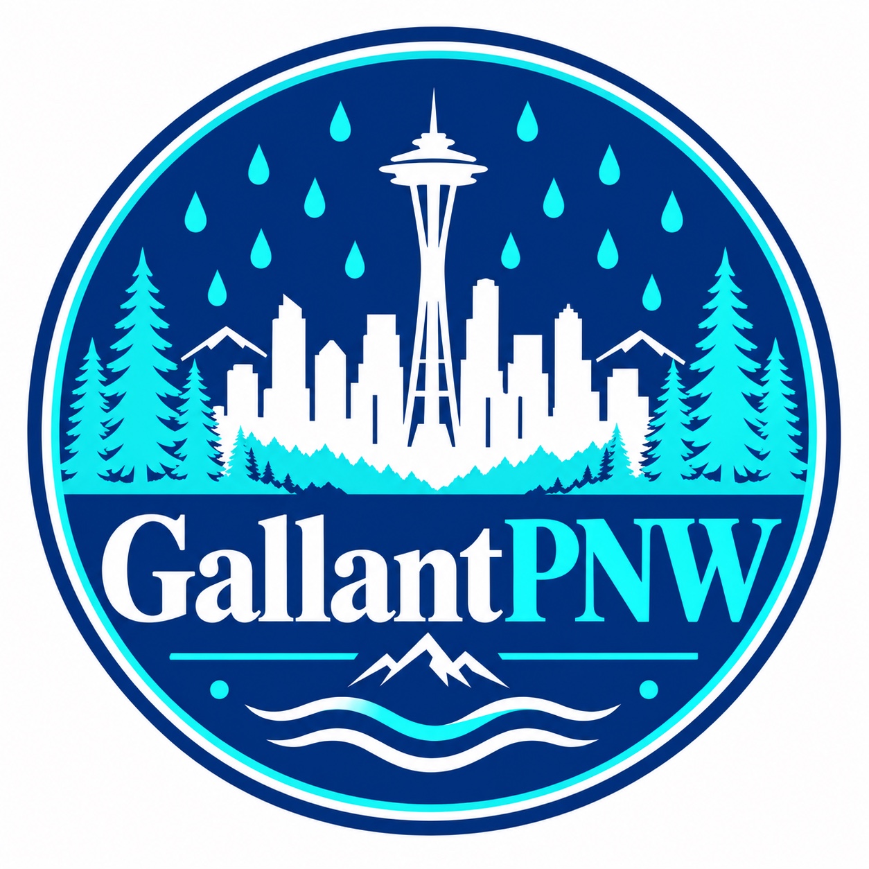 GallantPNW logo with Seattle skyline, mountains and evergreen trees